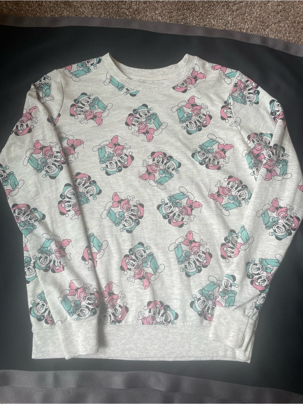 Disney Light Gray Crewneck Sweatshirt with Pink & Teal Character Print